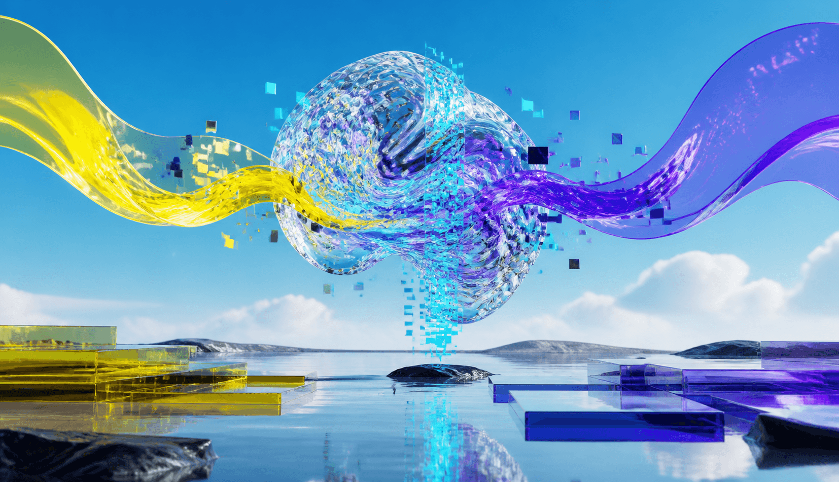 Abstract glass ribbons flowing through a generative model core