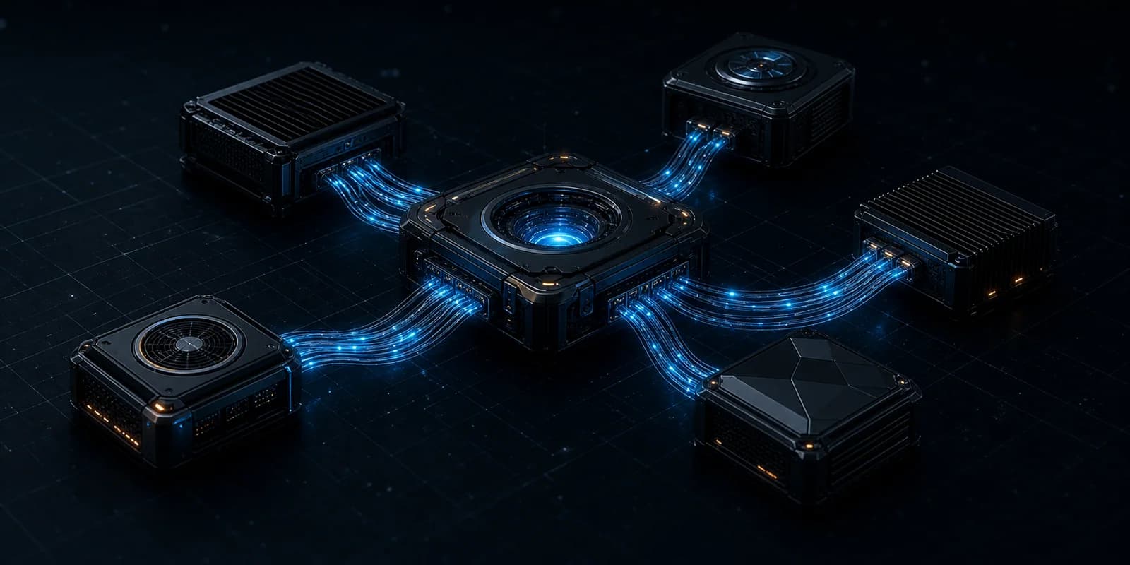 Central model routing core connected to multiple AI compute modules